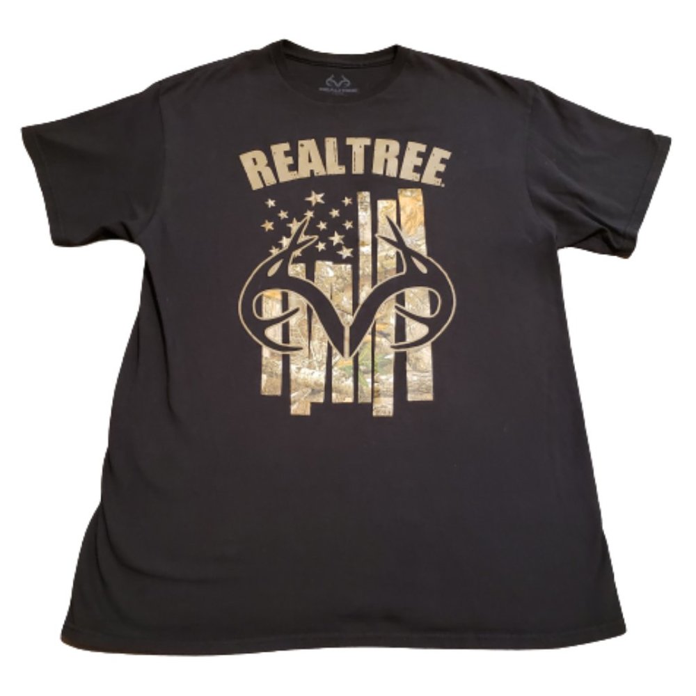 Realtree American Flag Deer Horns T-Shirt Tee Black Women's Large L Camo Hunting